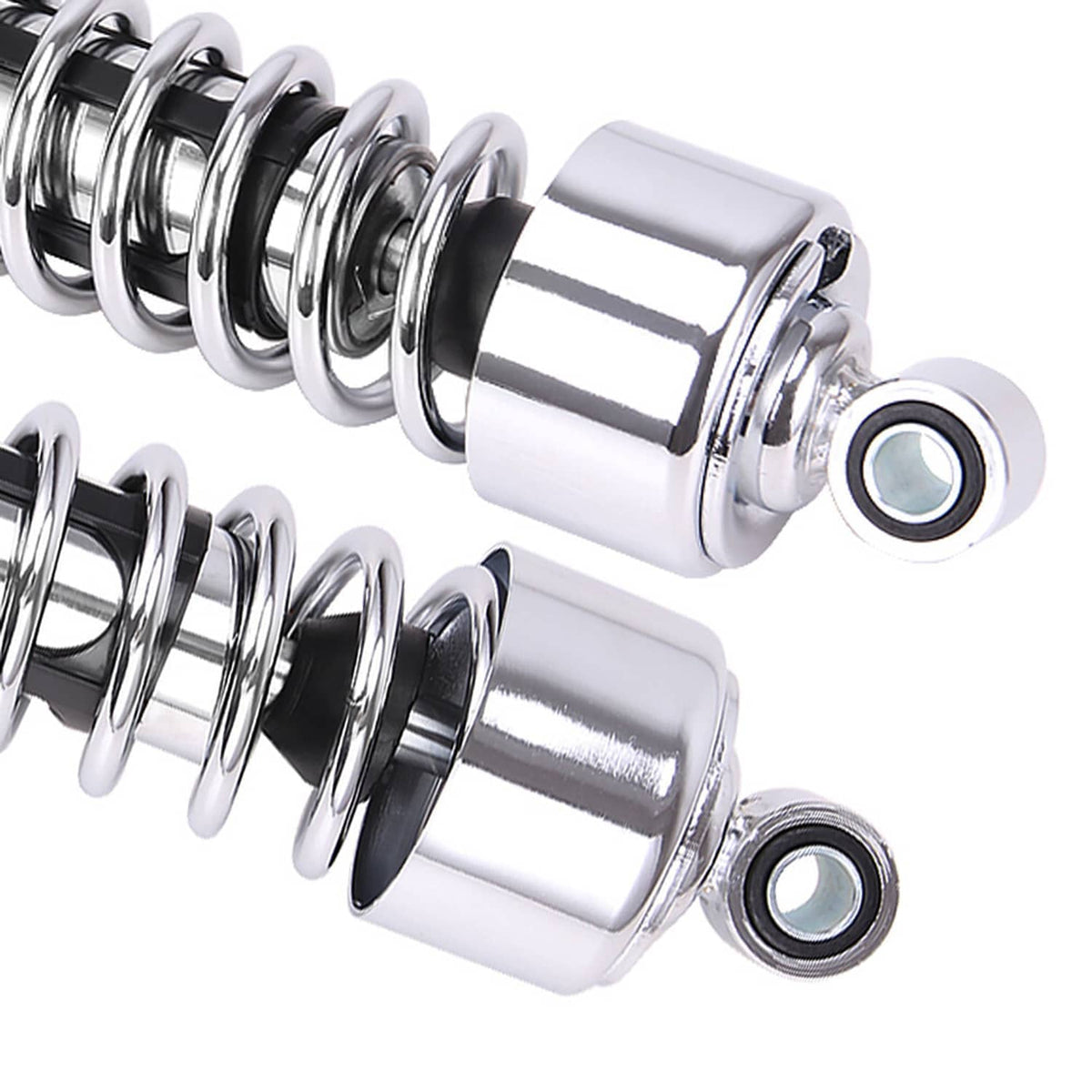 Close-up of chrome coil springs on rear shock absorbers with mounting eyelets