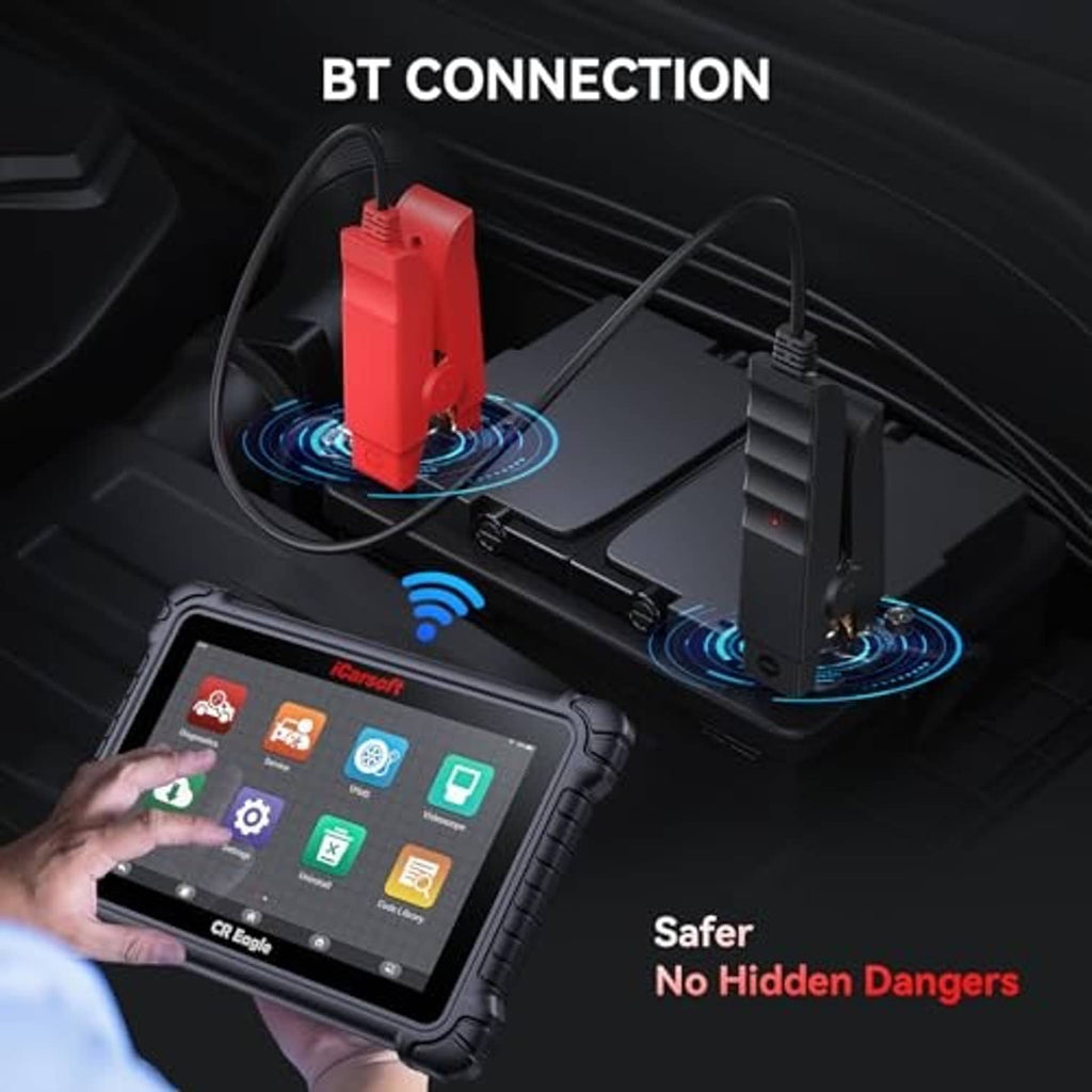 Red and black BT battery clips on tester base with connected display device