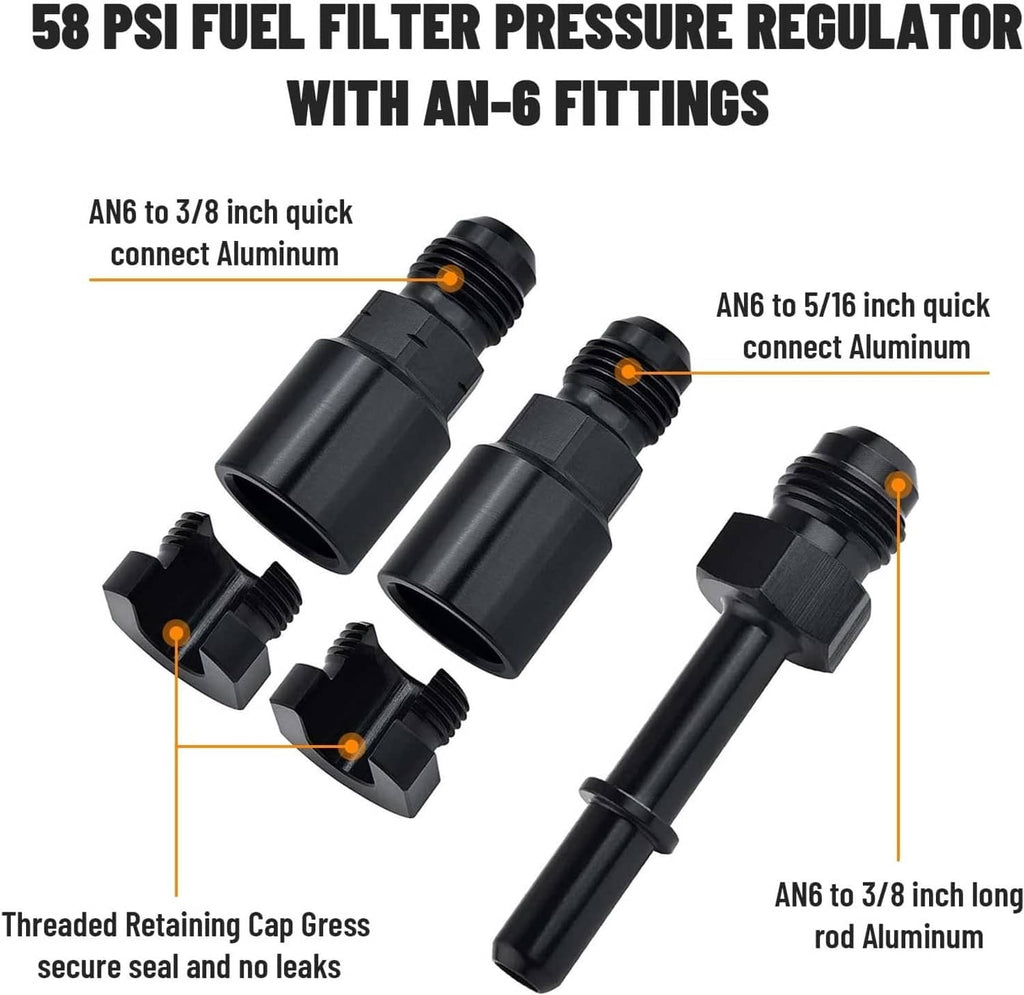 Fuel filter pressure regulator with AN-6 fittings and threaded retaining caps