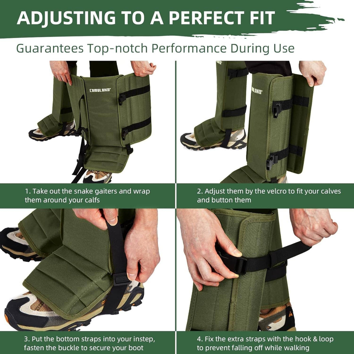 Green snake gaiters adjustment steps, hook-and-loop and bottom strap closures