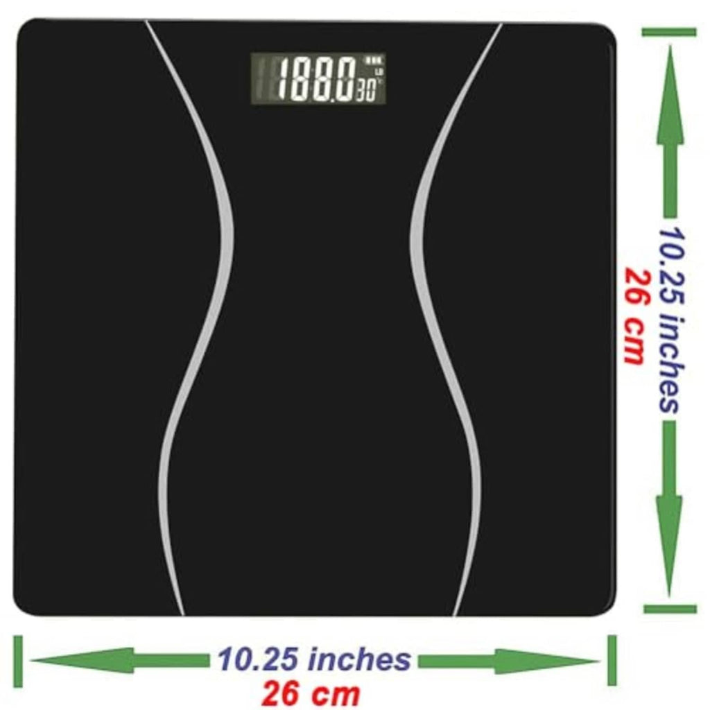 Black digital bathroom scale, 10.25 in (26 cm) wide; tempered glass with LCD display