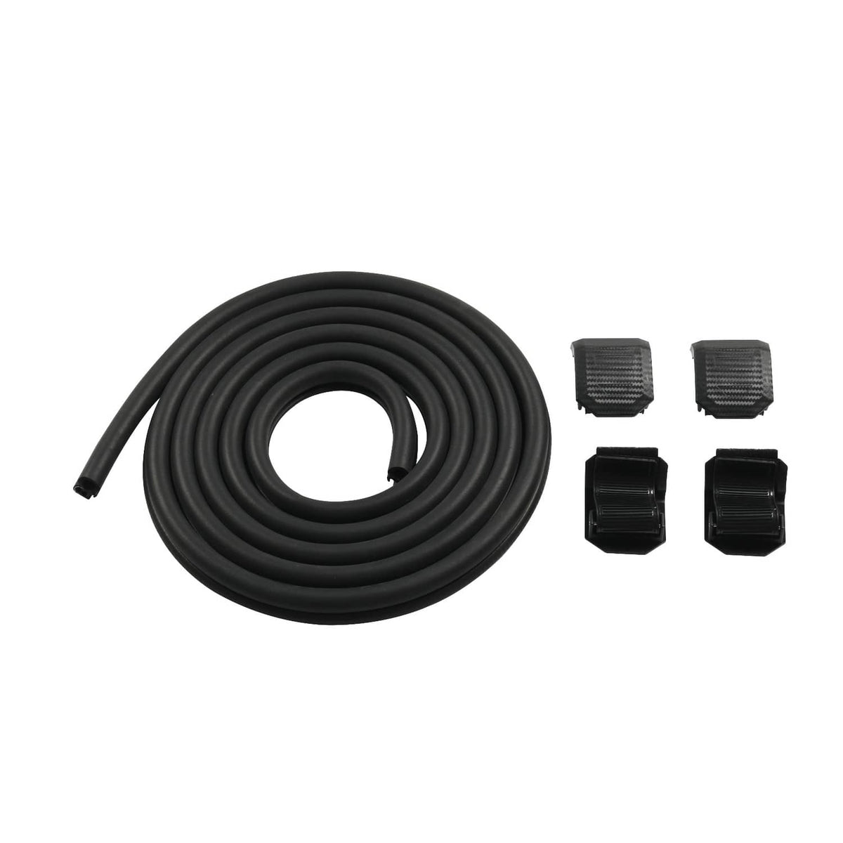Black rubber seal strip with mounting clamps and adapter pieces