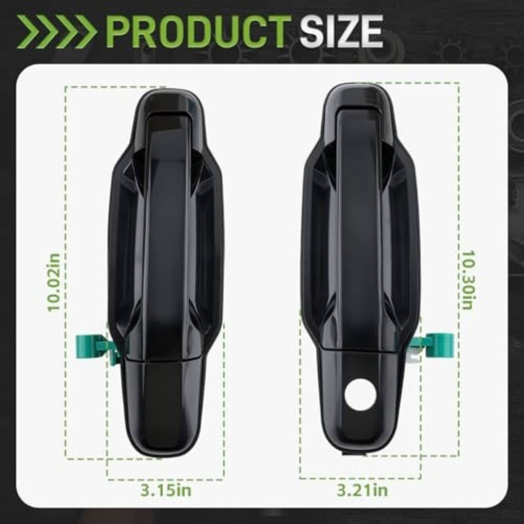 Black exterior door handle front and rear views with dimension outline