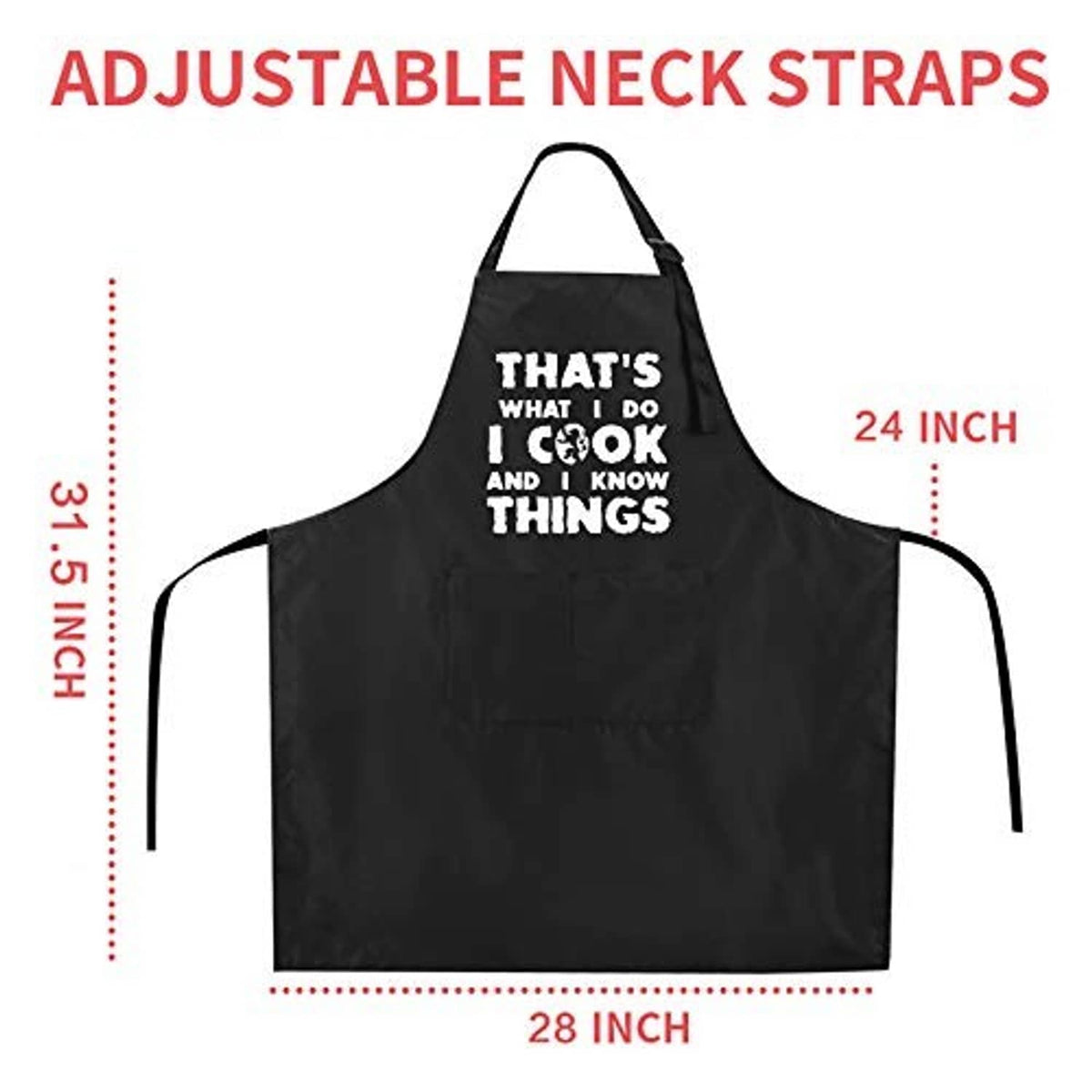 Black chef apron size diagram with adjustable neck straps, 24 in x 28 in