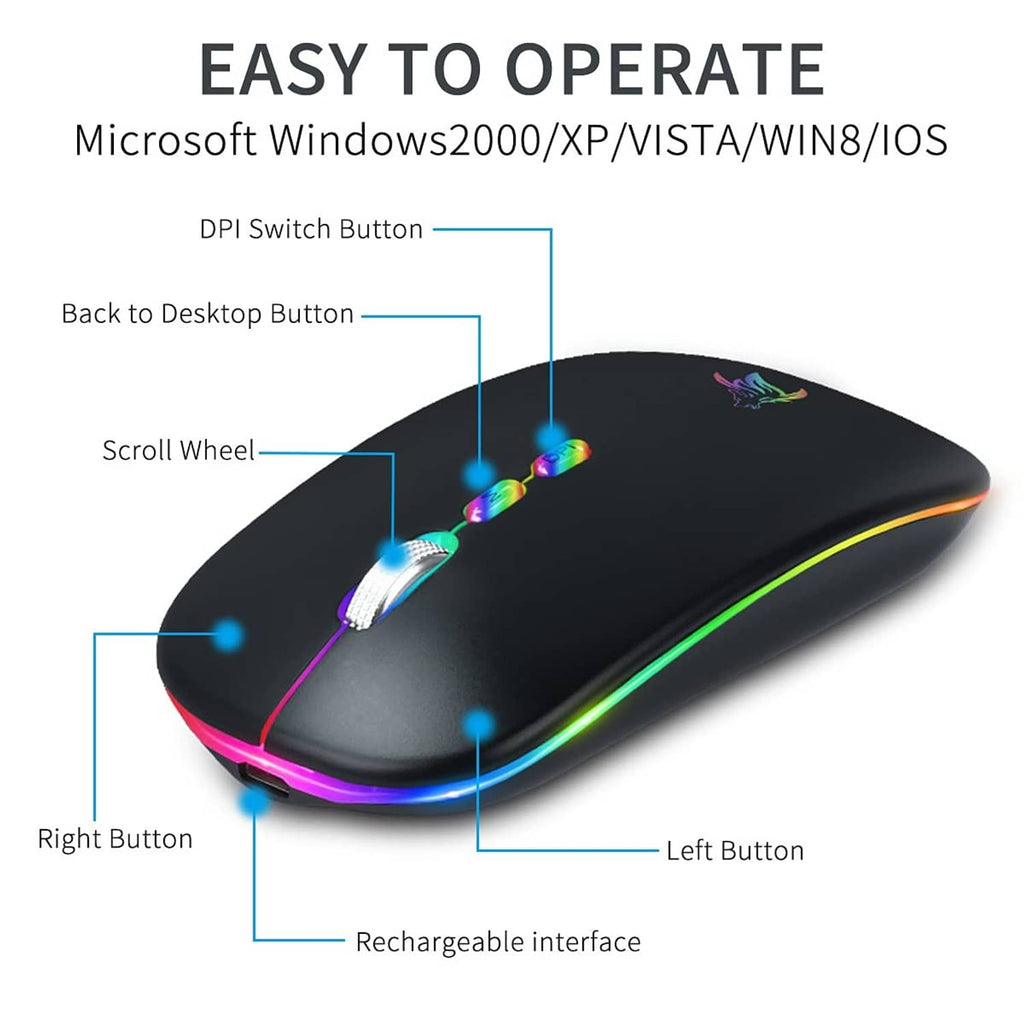 Black wireless mouse highlighting buttons and DPI switch with RGB light design