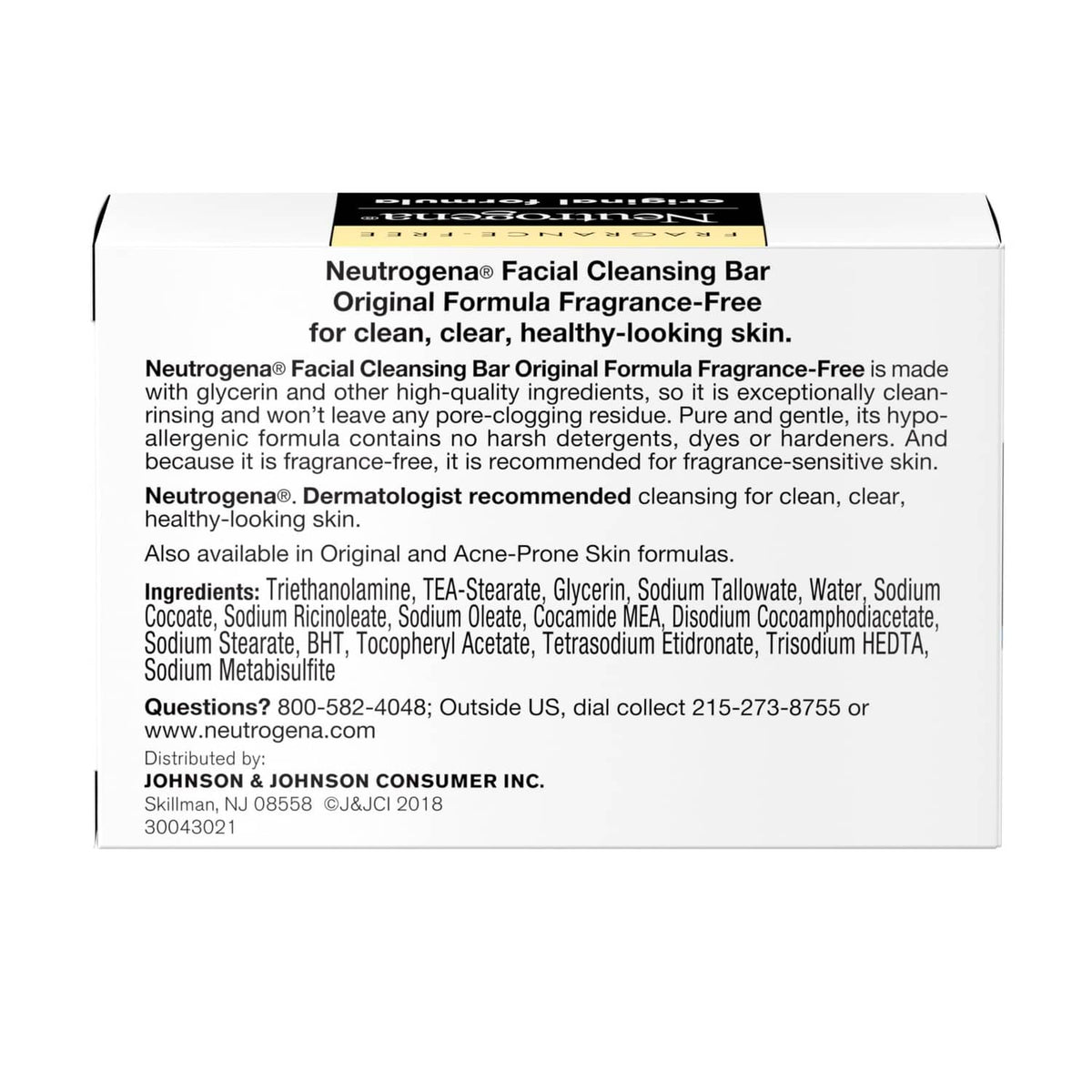 Neutrogena Original Transparent Facial Cleansing Bar back of box with ingredients