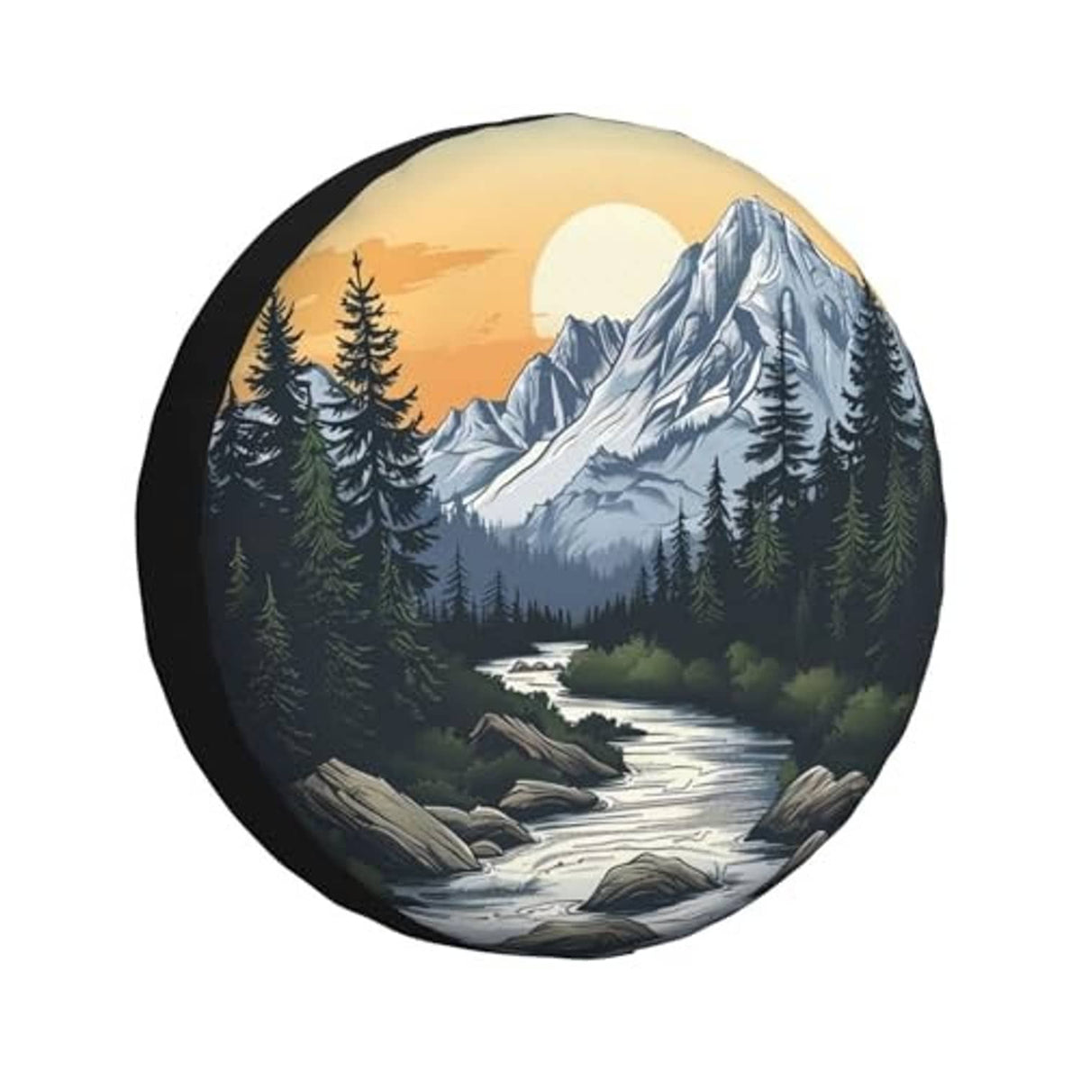 Spare tire cover showing mountain lake and pine trees artwork, black edge