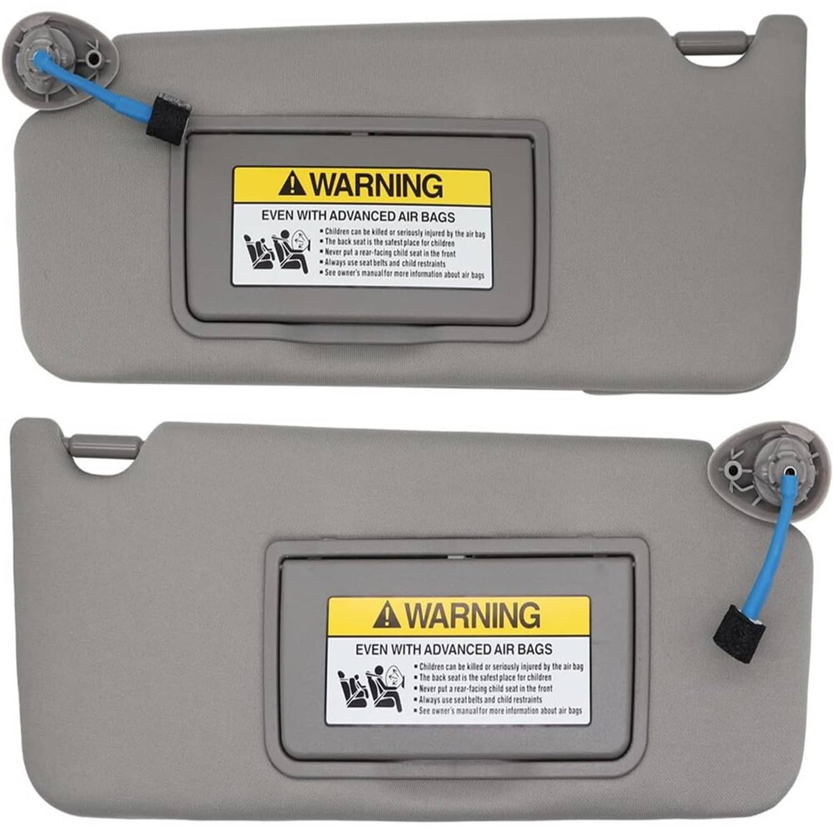 Gray car sun visor set, featuring AIR BAG warning label and blue wiring pigtail