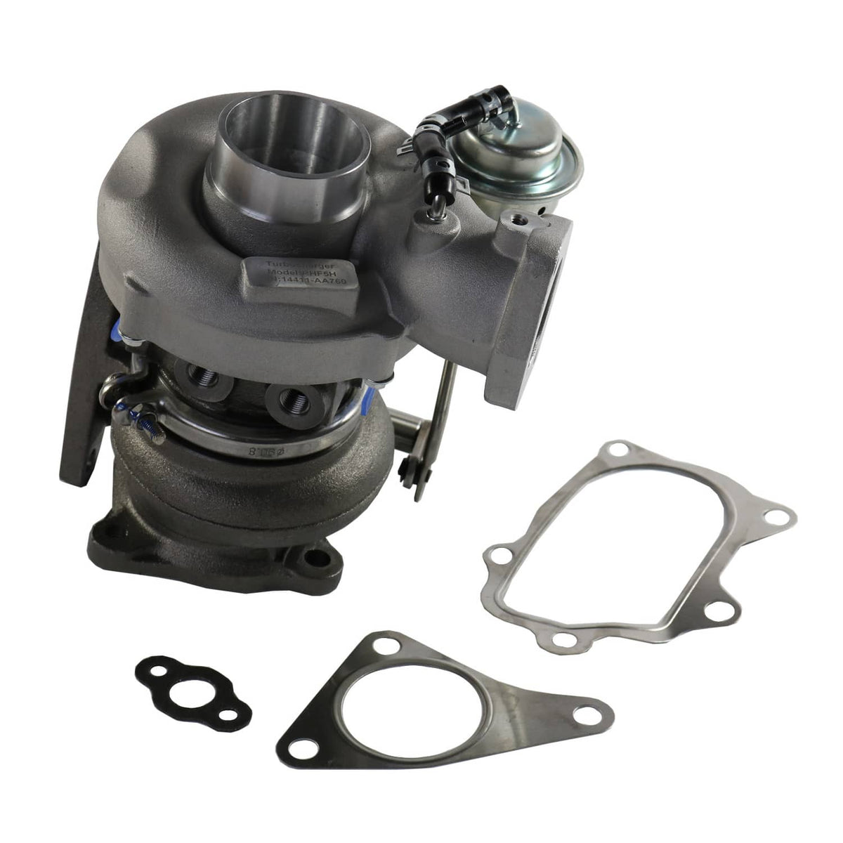 Turbocharger with intake elbow, wastegate linkage, and included sealing gaskets