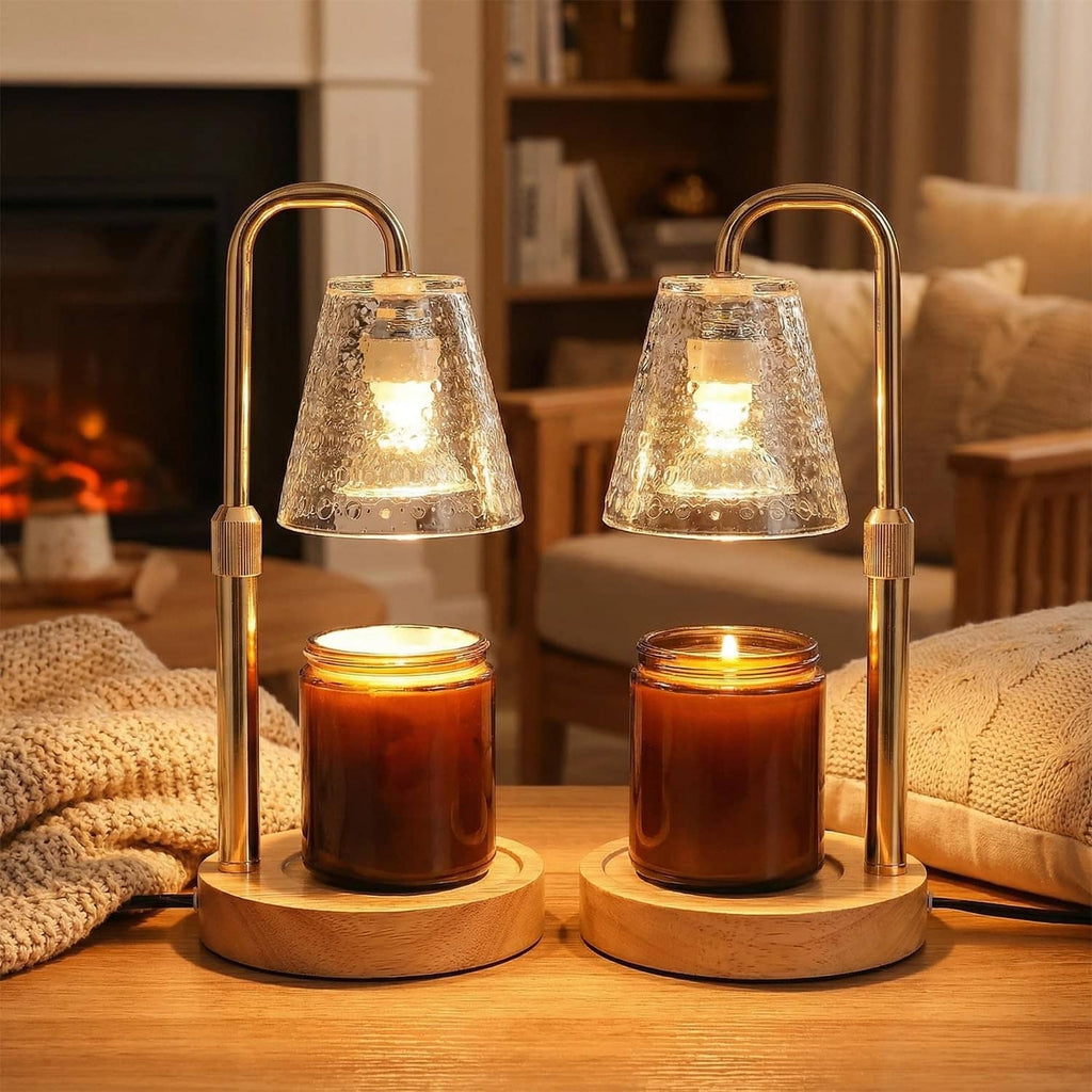2 pack candle warmer lamp set with gold frame, clear glass shade, wooden bases