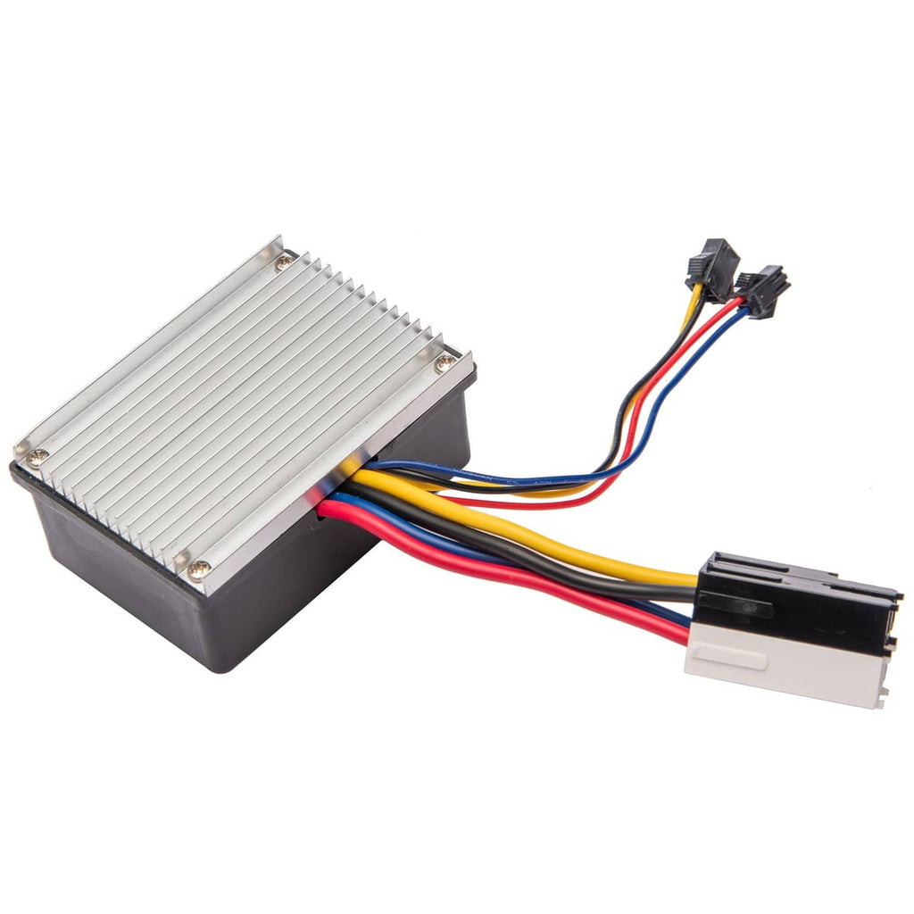 Ride-on car controller box with finned heatsink and color-coded wire leads