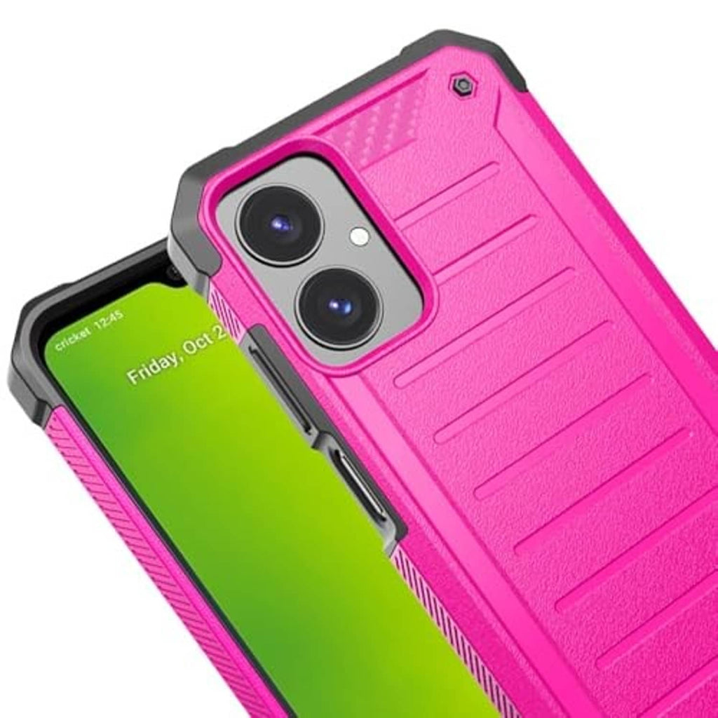 Pink rugged phone case close-up showing dual camera cutouts and side buttons
