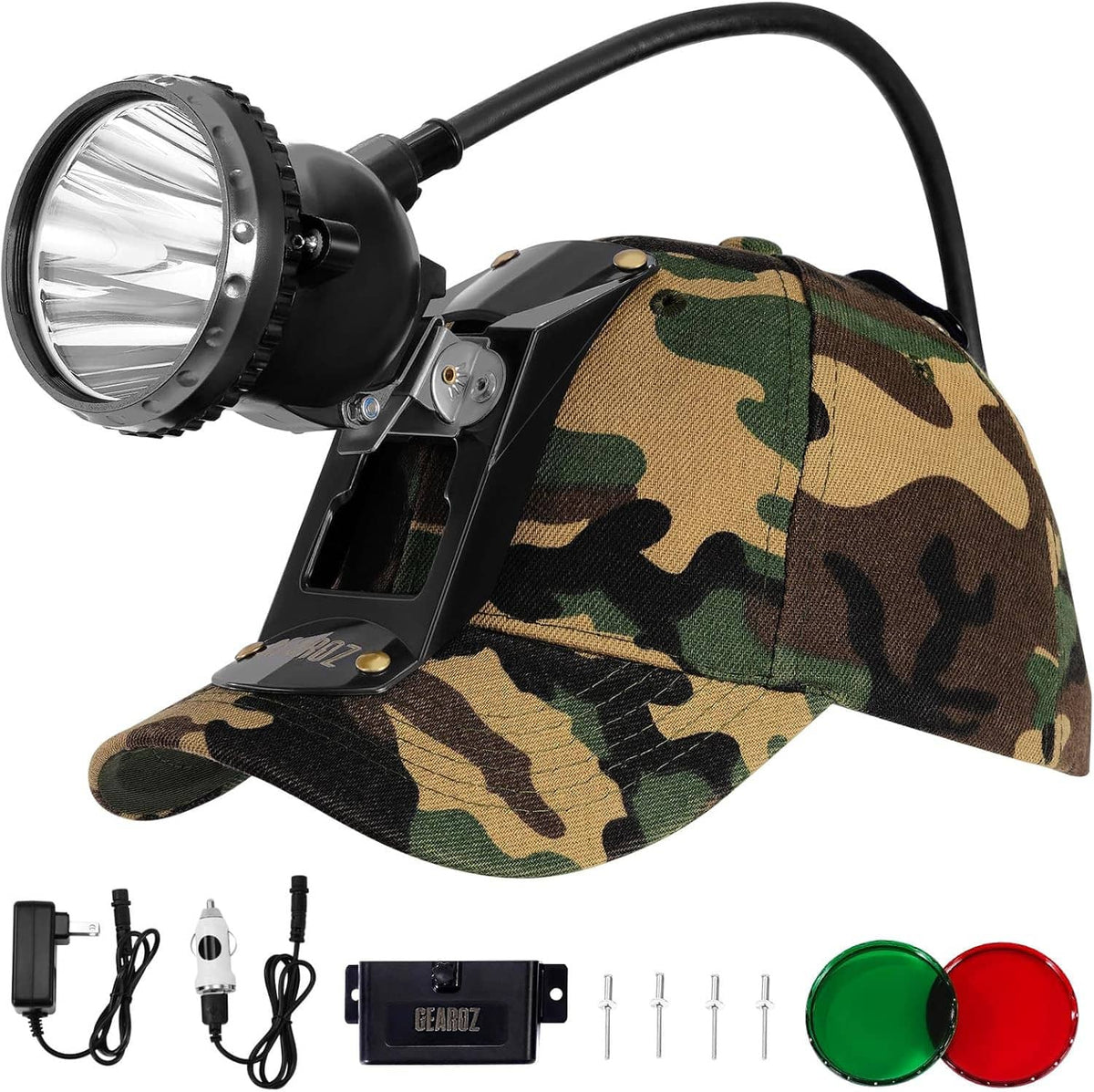 Camouflage headlamp with black spotlight; shows green and red lens covers below.