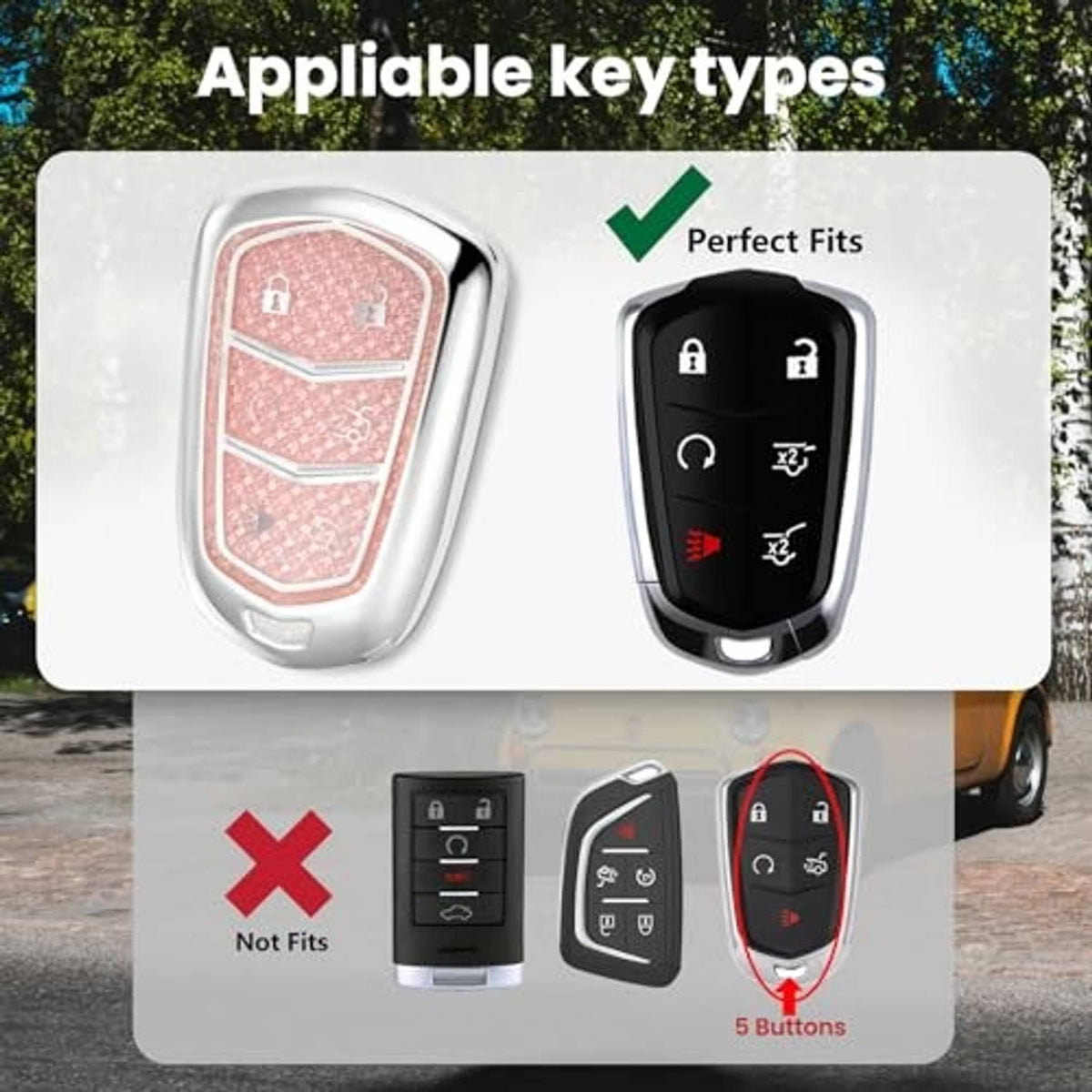 Pink glitter key fob cover with silver trim, shown with compatible key fobs