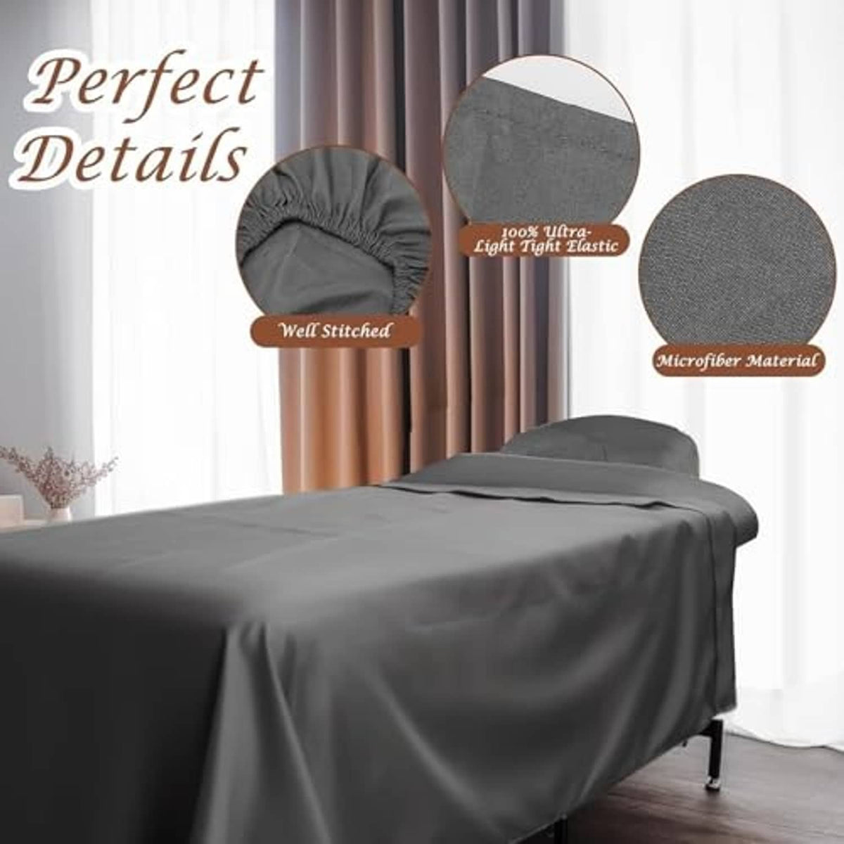 Dark gray fitted massage table sheet with elastic edges and headrest cover