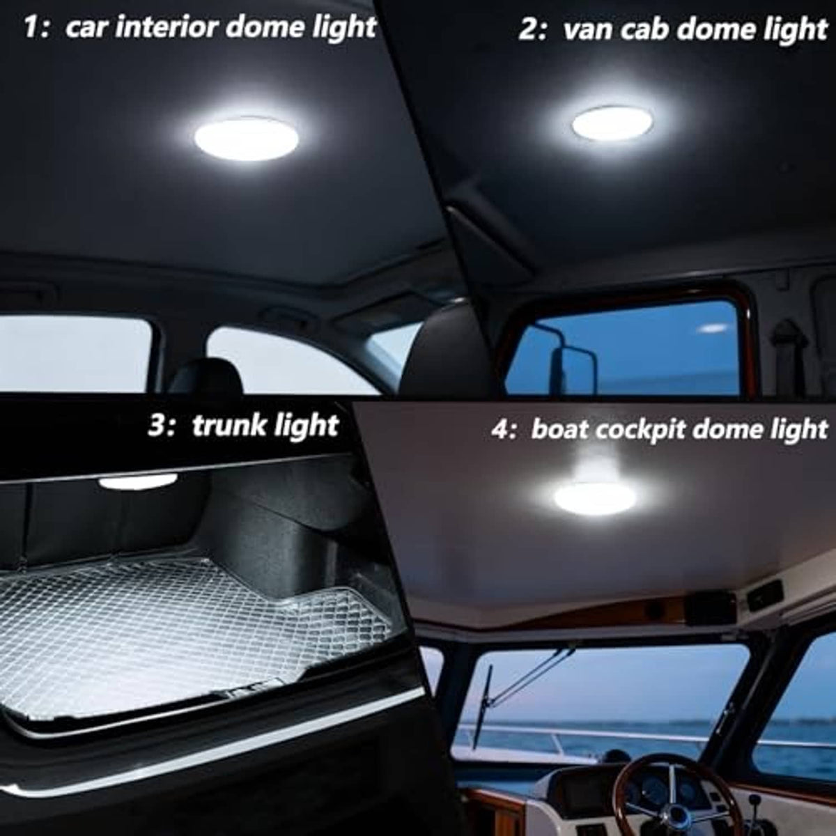 4-inch round LED dome light installed in a vehicle interior ceiling
