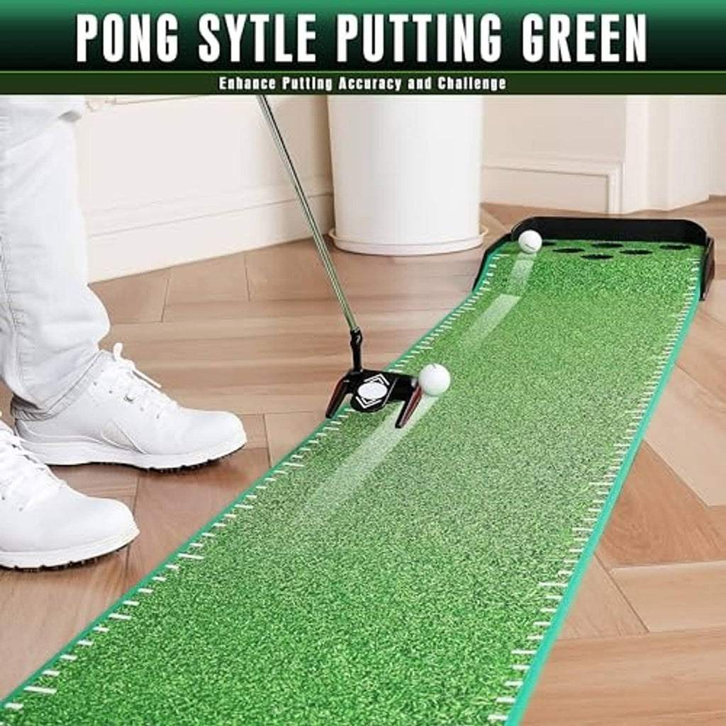 Indoor pong-style golf putting green mat with ball and alignment guides