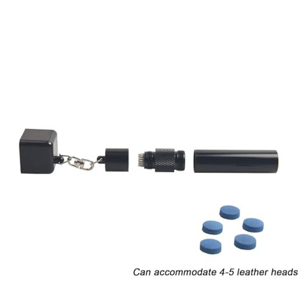 Black cue tip shaper with cube holder and several blue chalk pieces