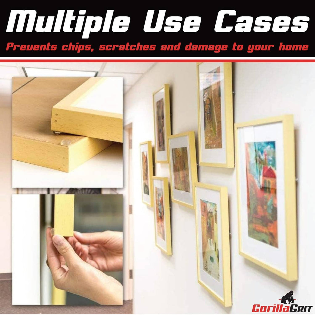 Clear bumper pads for multiple home uses, shown protecting furniture edges.