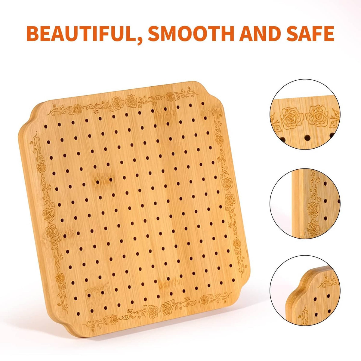 Light tan bamboo crochet blocking board with evenly spaced hole grid