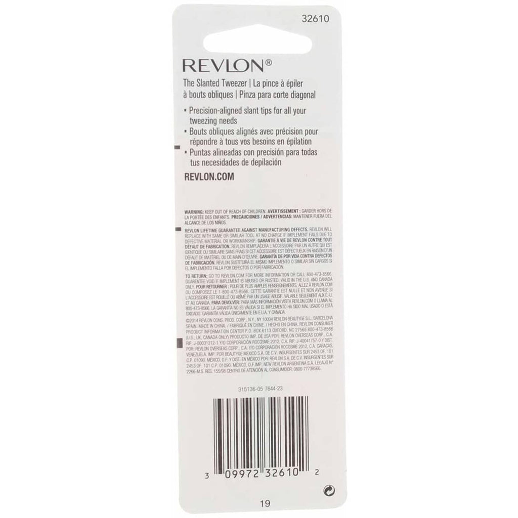 Stainless steel tweezers back card with barcode and REVLON.com