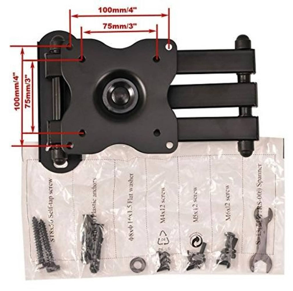 Back view of TV wall mount bracket with tilt arm and mounting screws