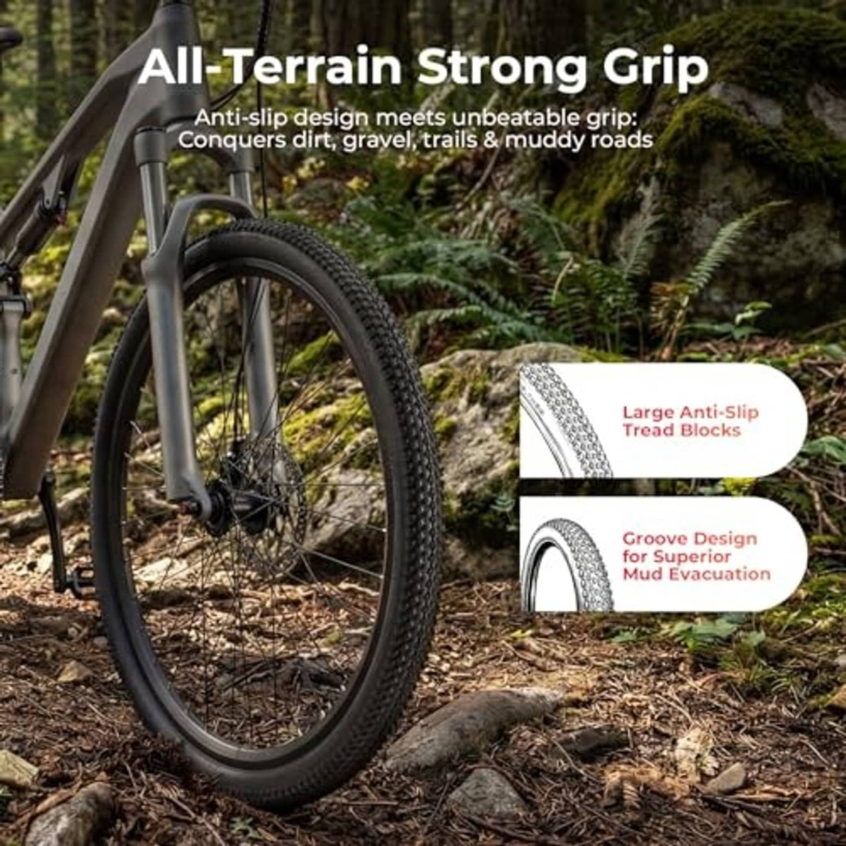 Rugged black bike tire with knobby tread mounted on front wheel and fork