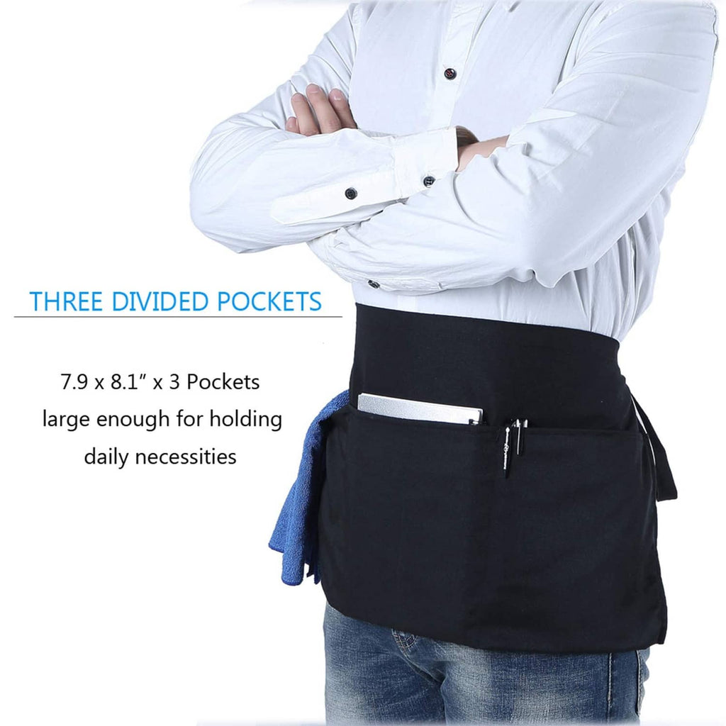 Waist apron with three divided pockets in black, worn over clothing with waist tie