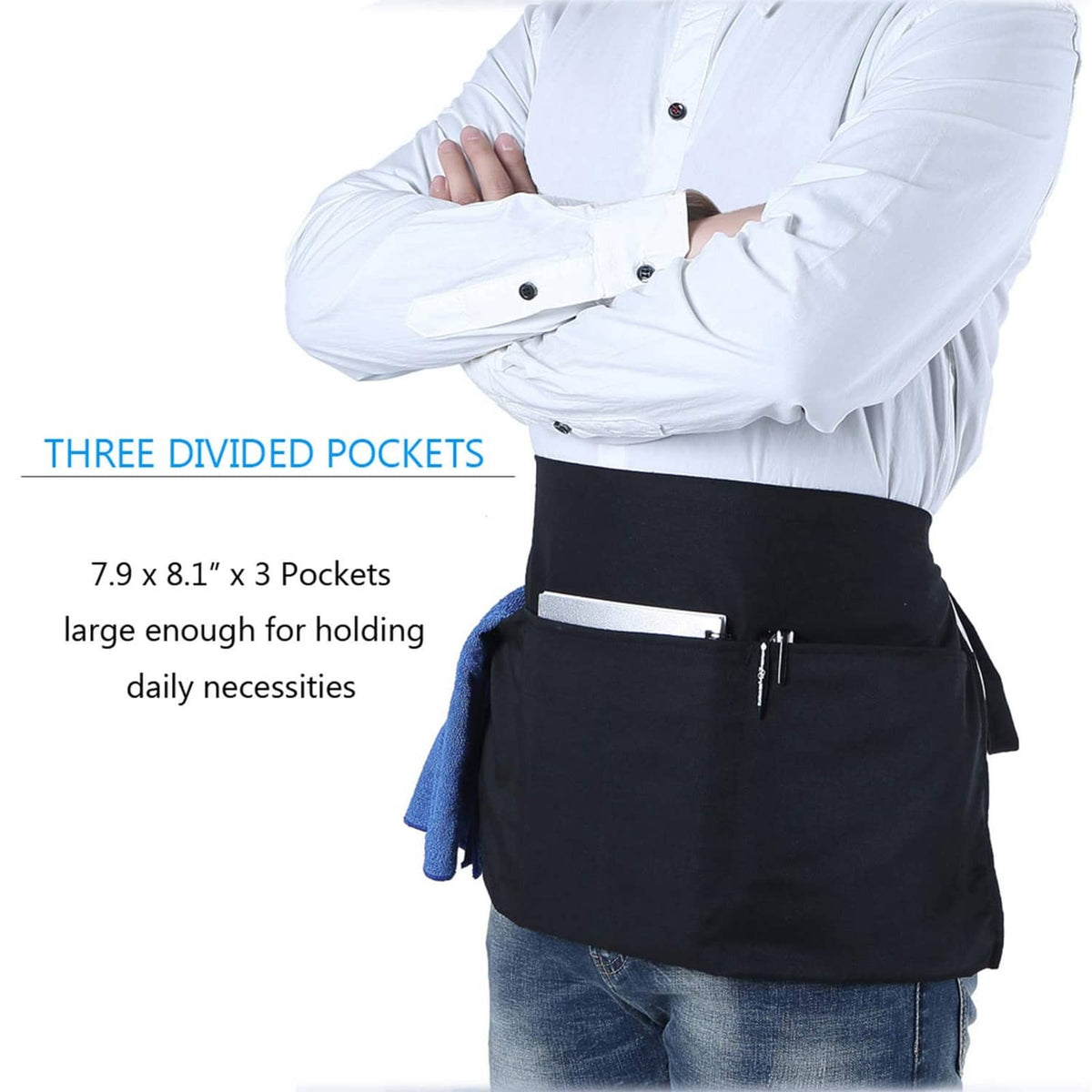 Waist apron with three divided pockets in black, worn over clothing with waist tie