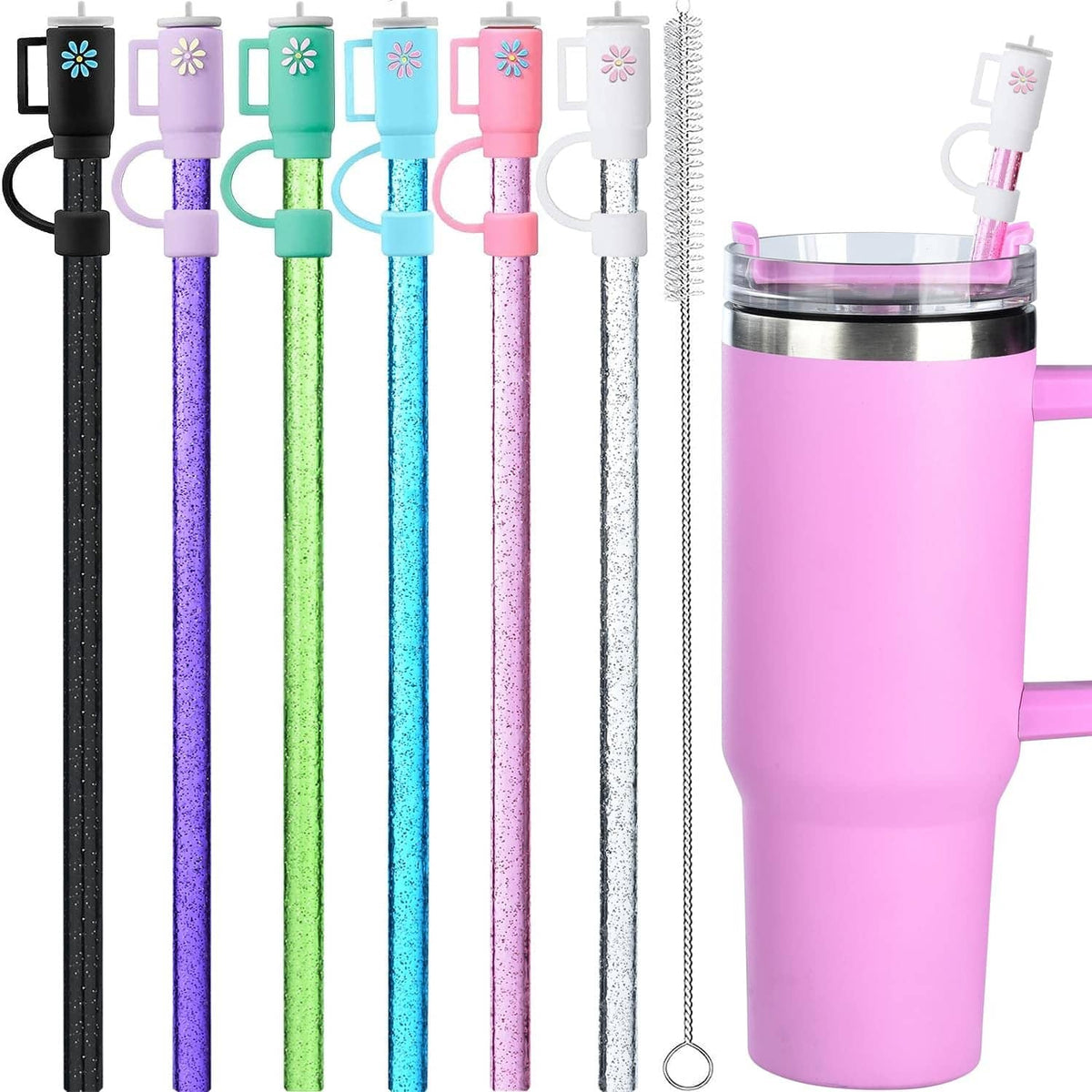 12-inch glitter replacement straws with flower covers, assorted colors (12-pack)