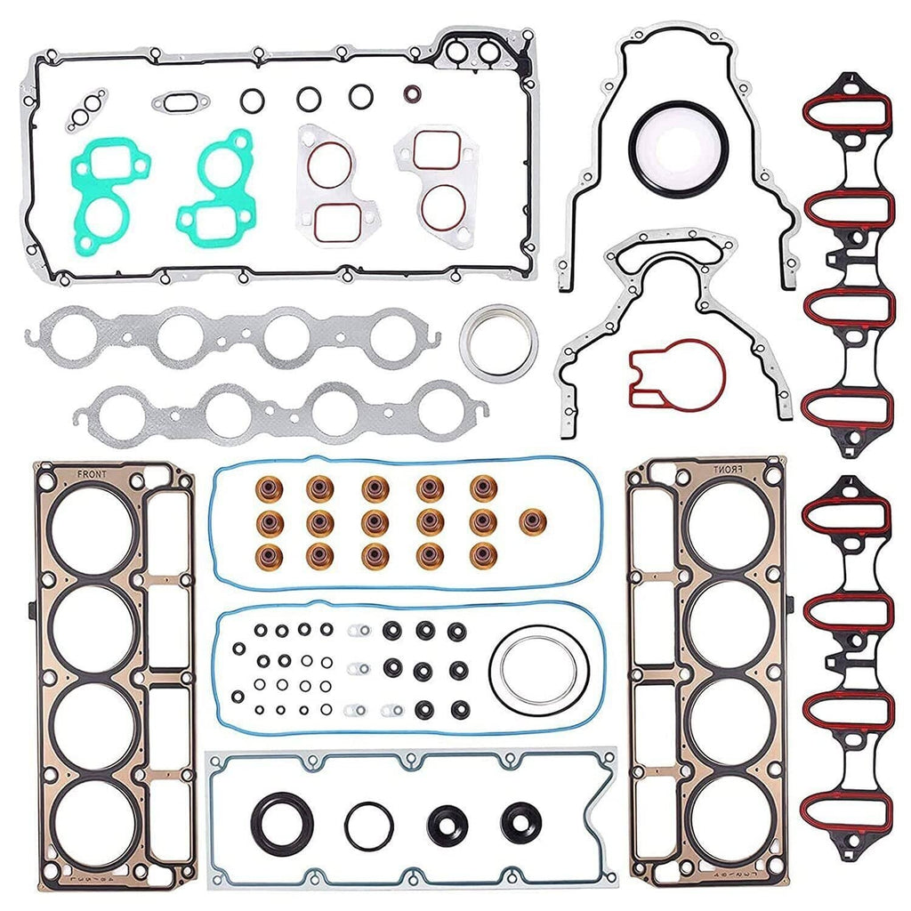 Cylinder head gasket kit with assorted gaskets, teal silicone seals, and metal plates