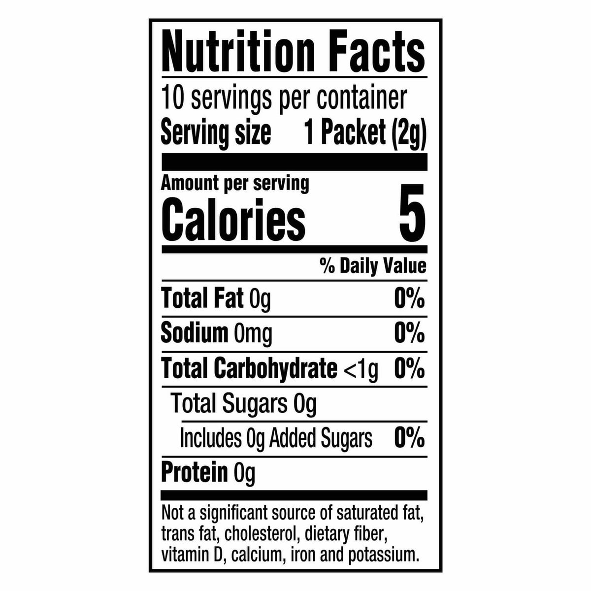 Nutrition facts panel for Peach iced tea drink mix, 5 calories per packet