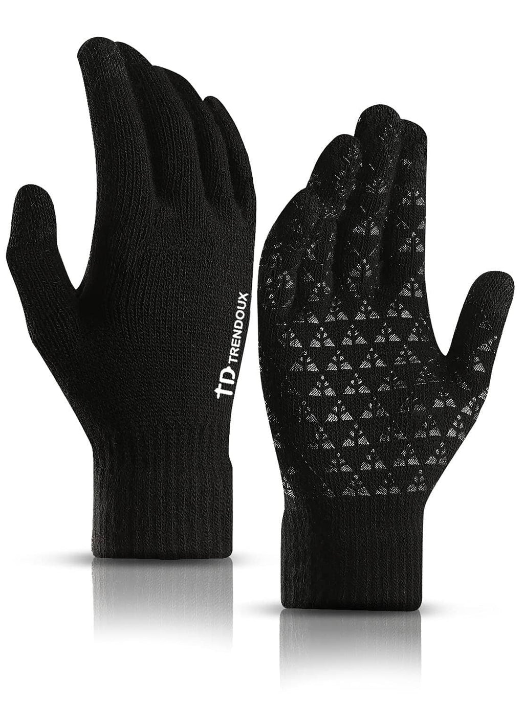 Black knit winter gloves with textured touch screen fingertips and ribbed cuffs