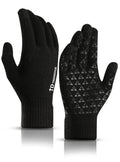 Black knit winter gloves with textured touch screen fingertips and ribbed cuffs