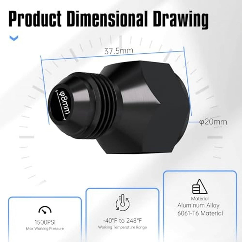 Black AN hose reducer fitting, hex body with female inner end and male thread end.