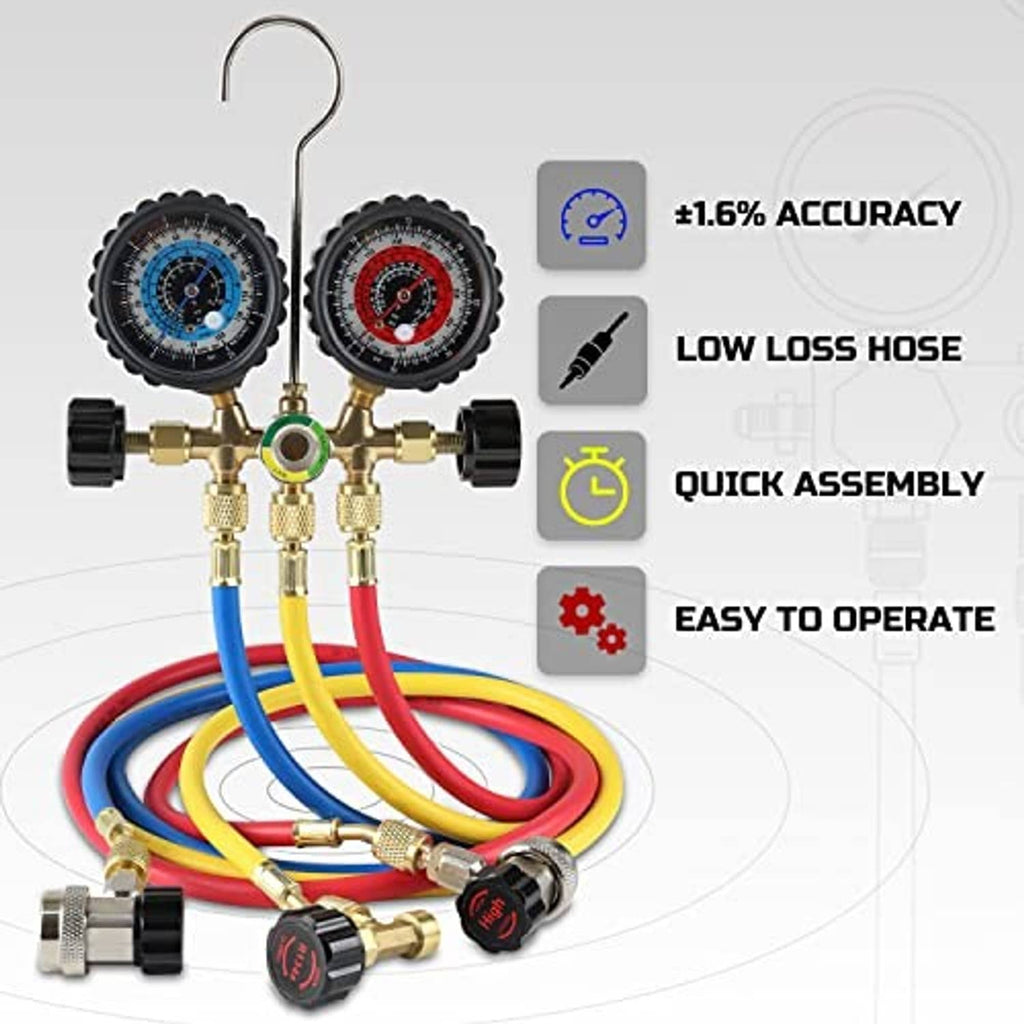 A/C manifold gauge set with two gauges and color-coded hoses, hanging hook included
