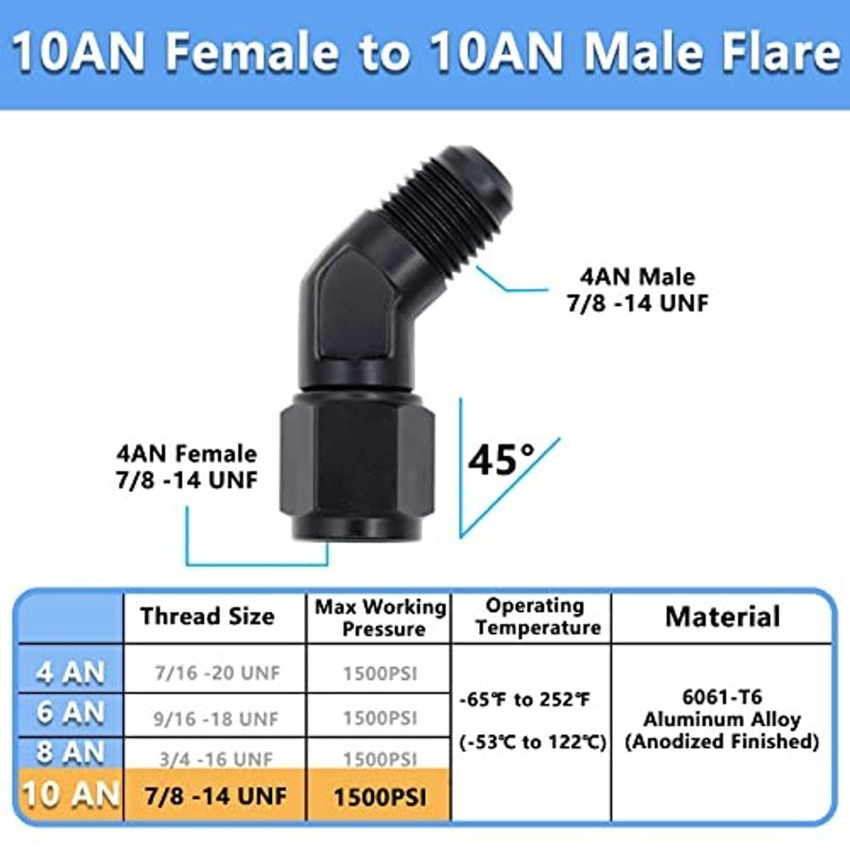 Black 45-degree 10AN female-to-male swivel flare fittings, 2-pack