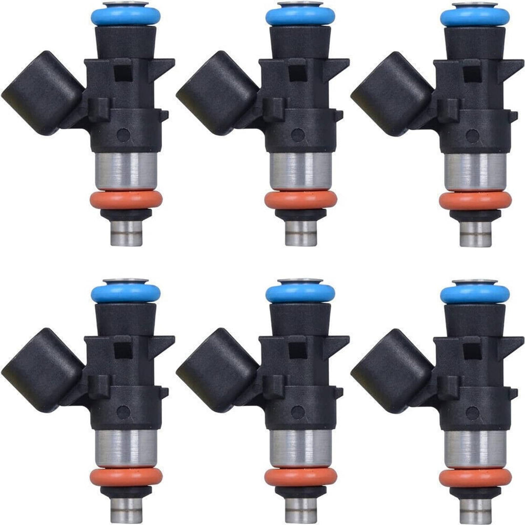 Six fuel injectors arranged in a grid, each with blue top and orange seal