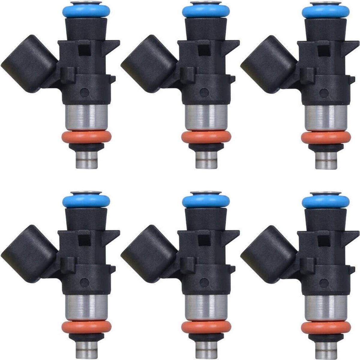 Six fuel injectors arranged in a grid, each with blue top and orange seal