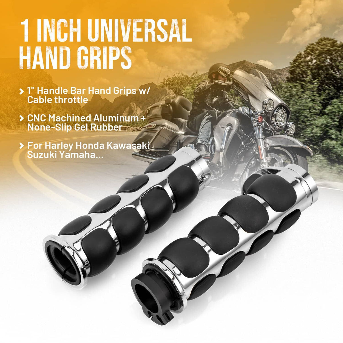 Universal motorcycle hand grips, black rubber with chrome trim and end housings