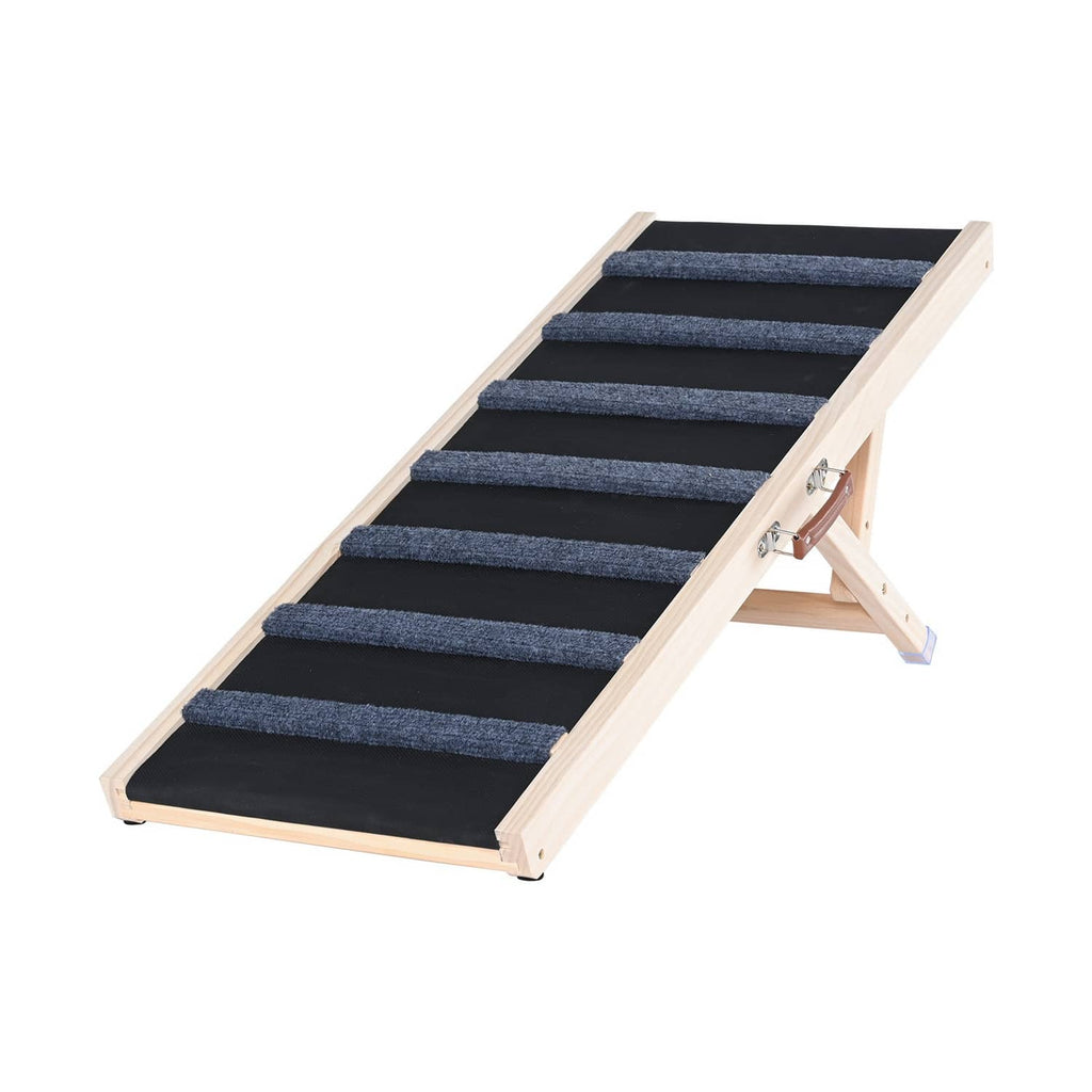 Folding dog ramp with dark grippy tread strips and light wood frame, adjustable stand