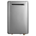 Propane tankless water heater, stainless gray front with vent and brass bottom fittings.