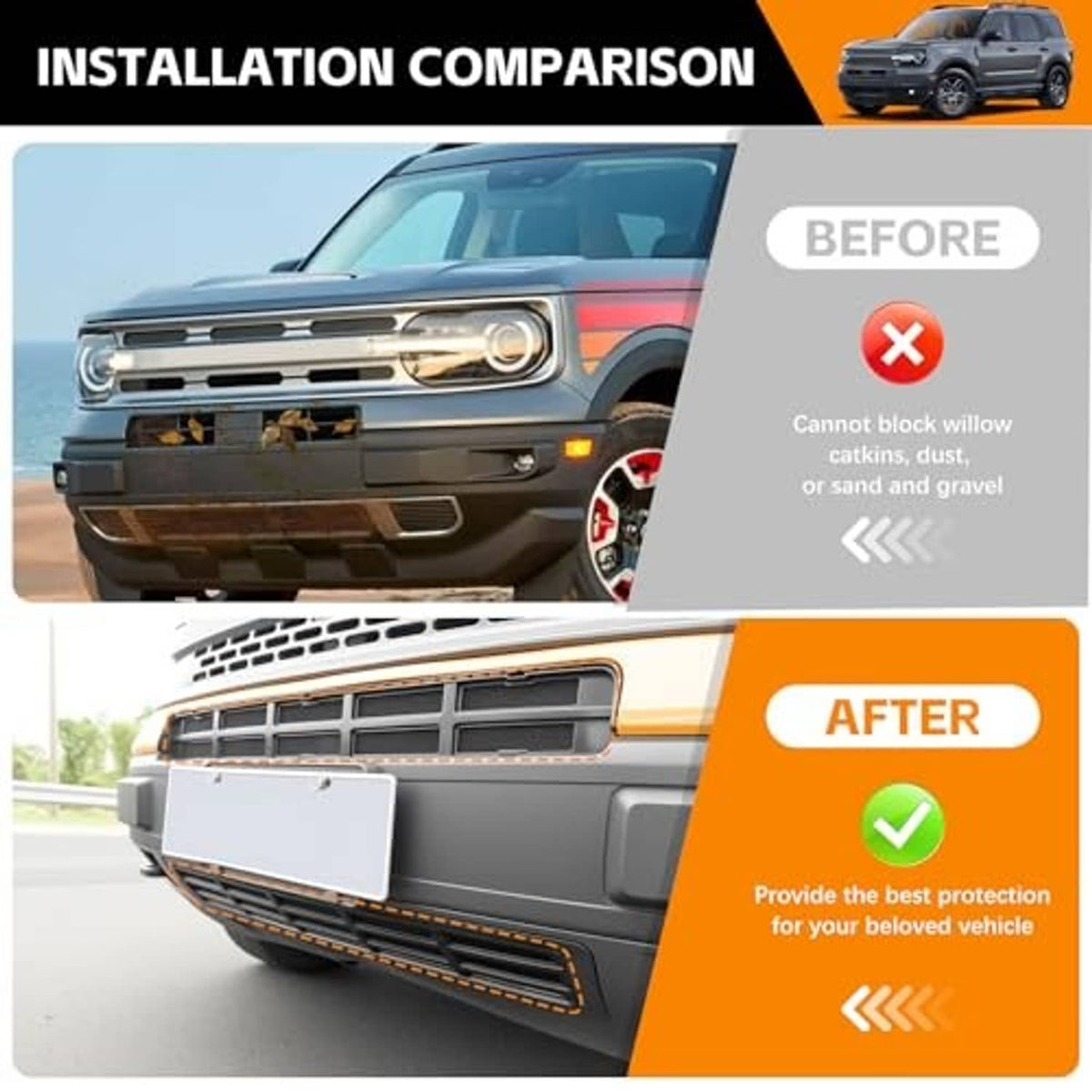 Mesh grille insert fitted to front bumper grille opening, black frame with bar mesh.