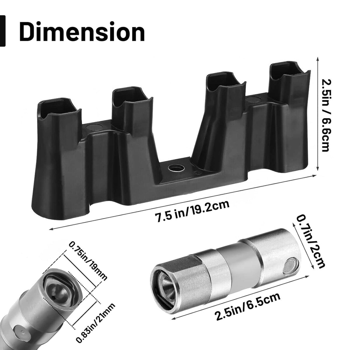 Hydraulic roller lifter and black guide tray, dimension-style view