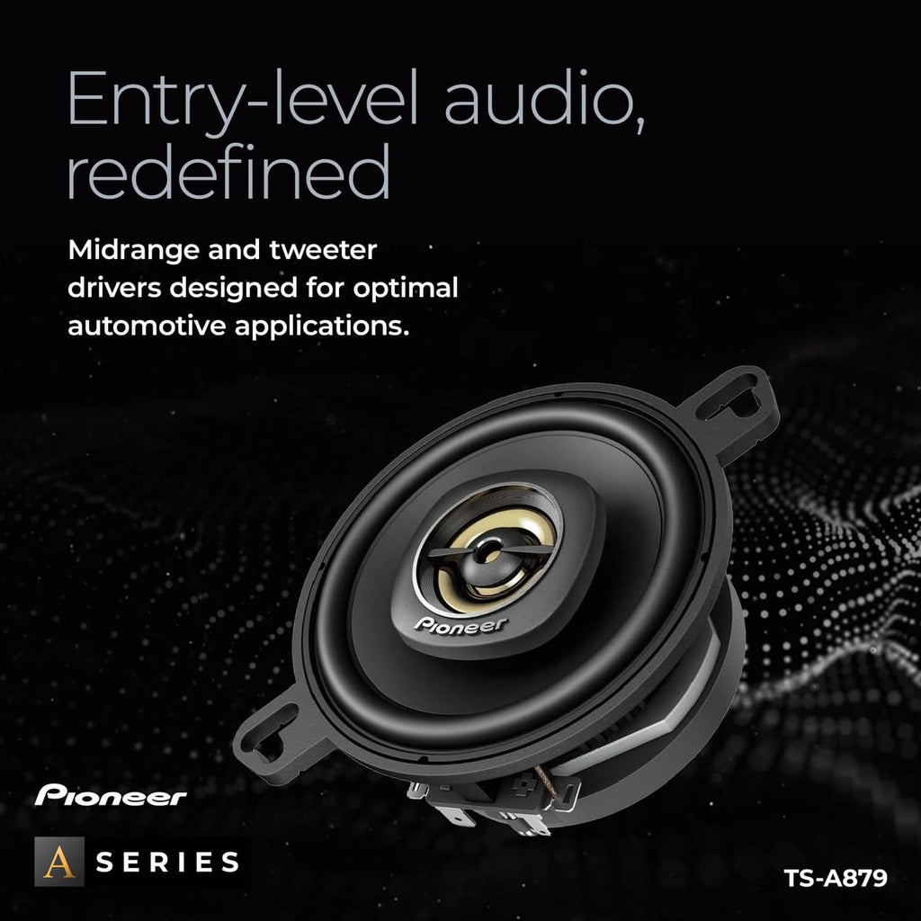 Black 2-way car speakers with gold tweeters and woofers, front close-up