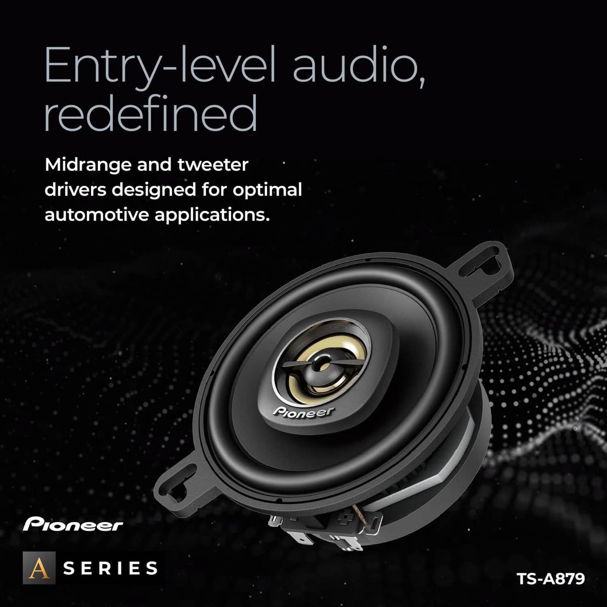 Black 2-way car speakers with gold tweeters and woofers, front close-up