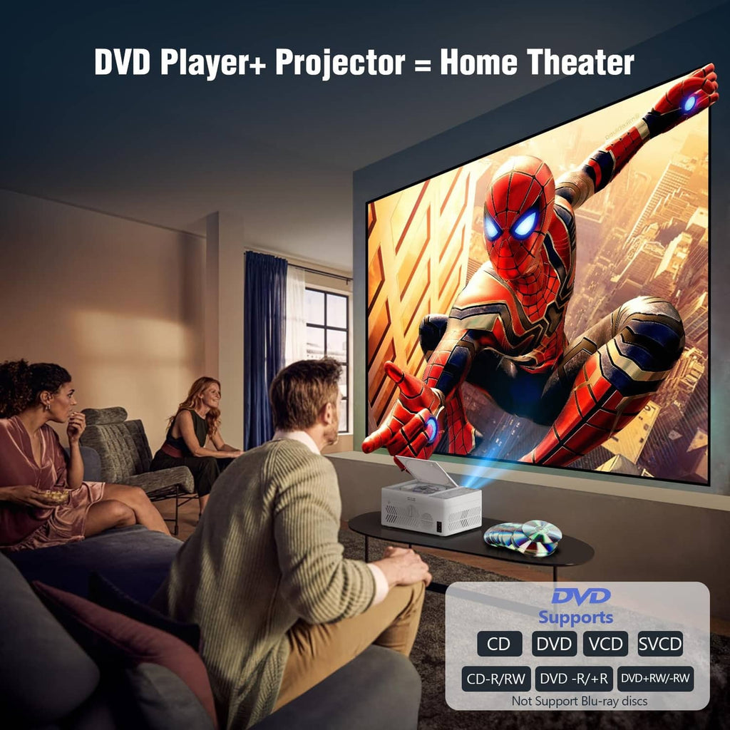 White mini projector with DVD player on table, showing home-theater setup