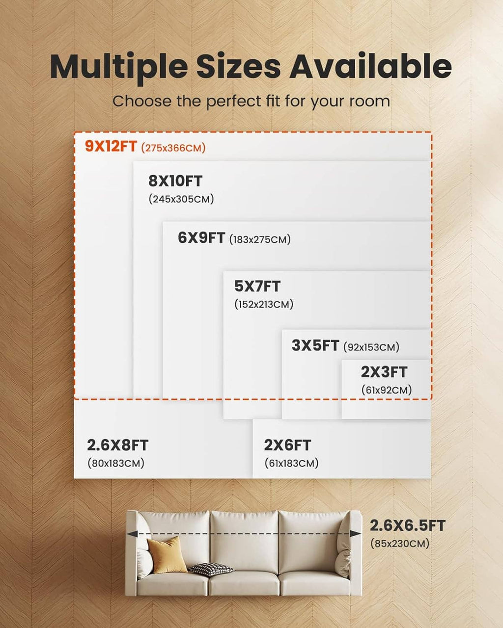 Rug size options chart for a blue area rug with multiple rectangular dimensions
