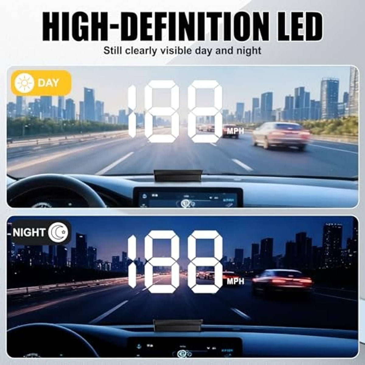 Car head-up display windshield projection with bright LED digits for day and night