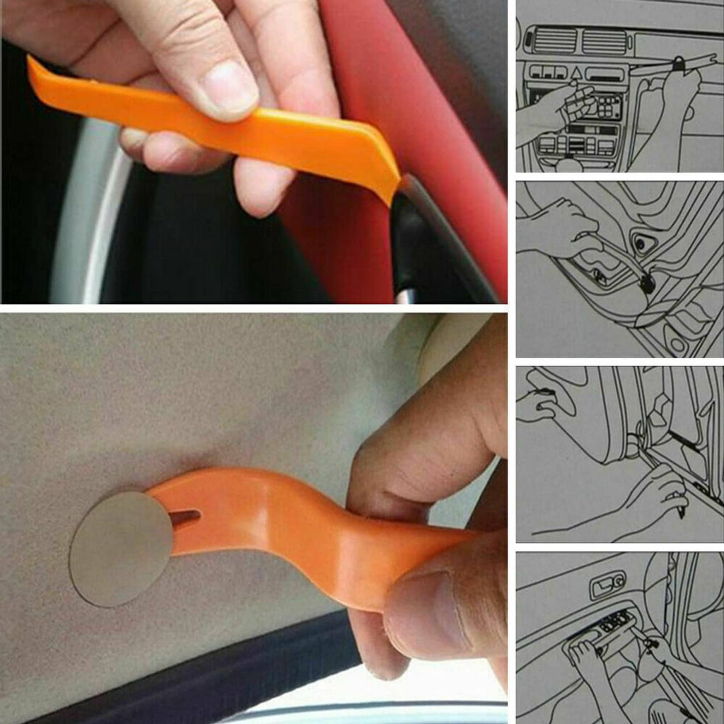 Orange plastic trim panel pry tool for removing and installing car retainer clips